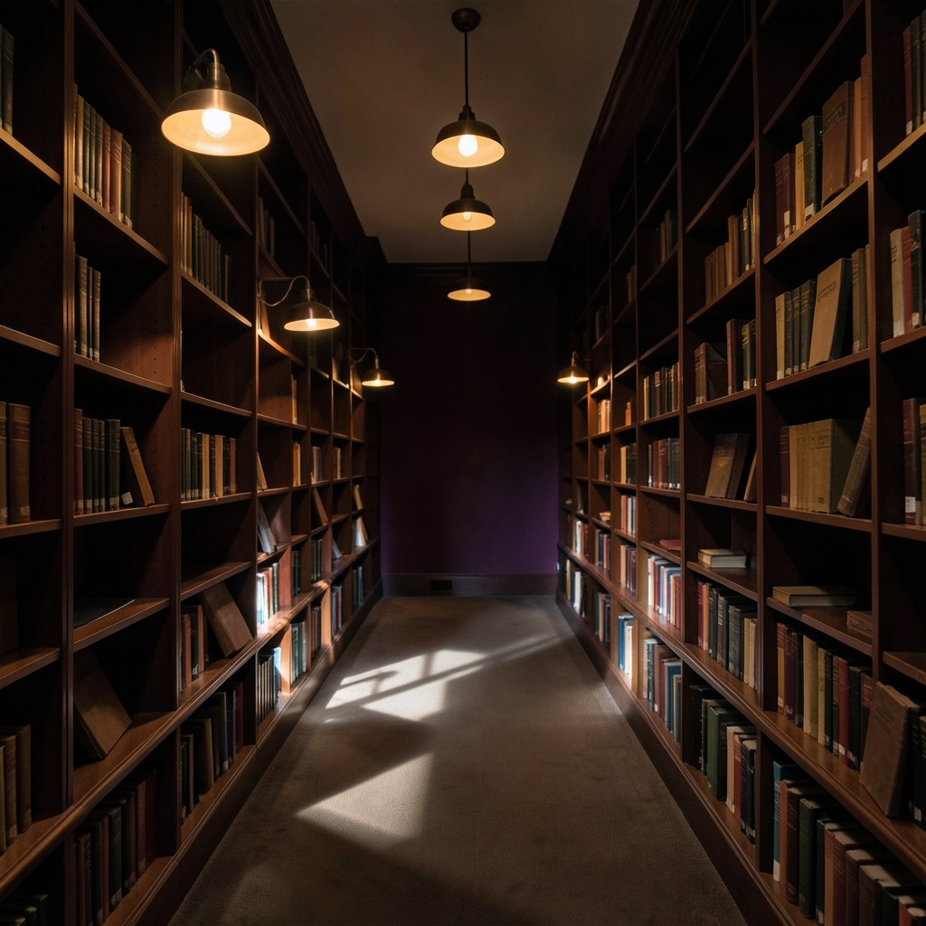 A literature bay with many empty shelf gaps and a few remaining books in evening light