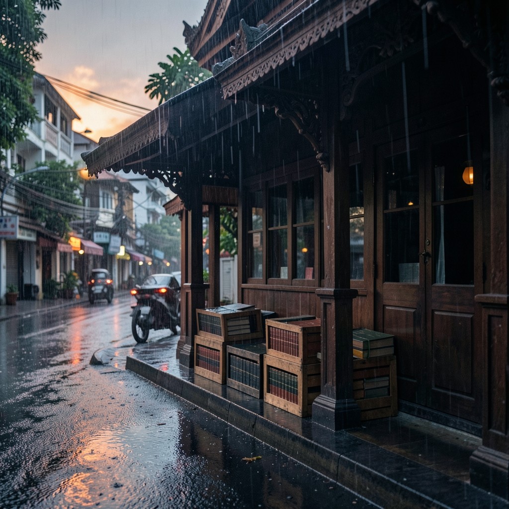 Rain at dusk outside a library porch, with wooden crates of books kept under the eaves