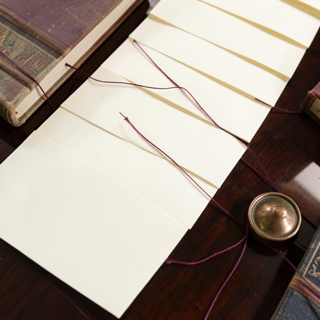 Overhead view of blank cream request slips and closed books on dark wood
