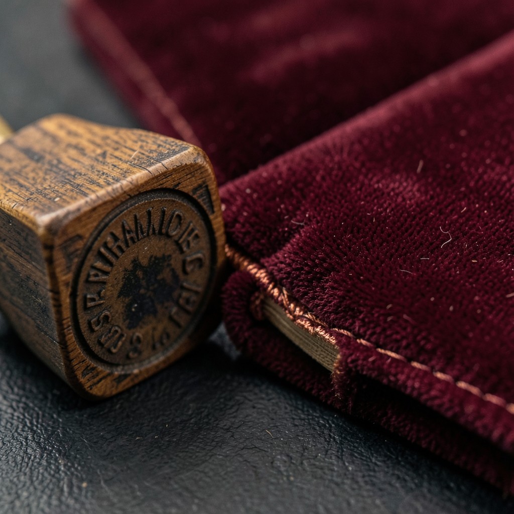 Close view of a worn wooden library date stamp resting on a closed clothbound book
