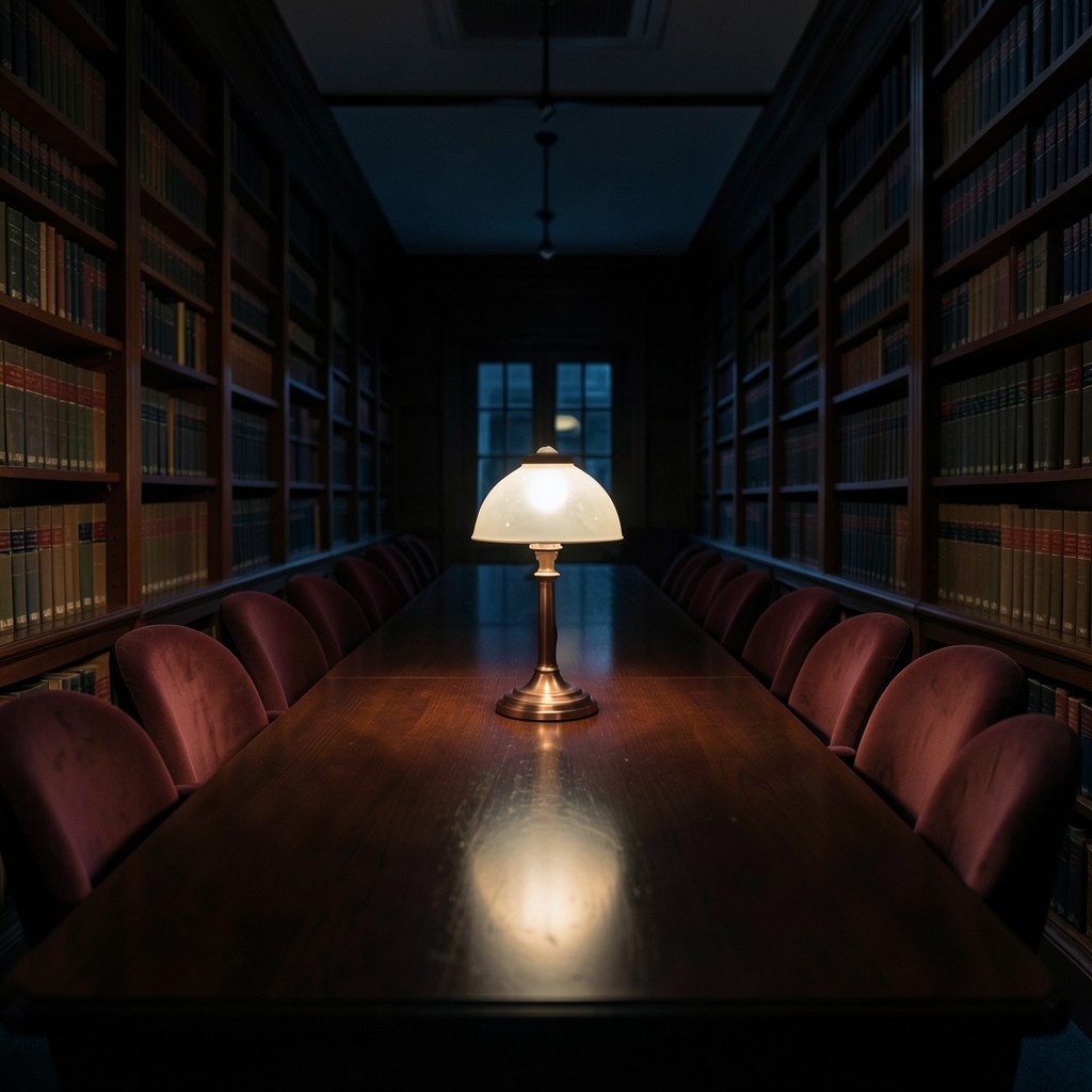 A university reading room at night, with long wooden tables, burgundy velvet chairs, and a copper lamp