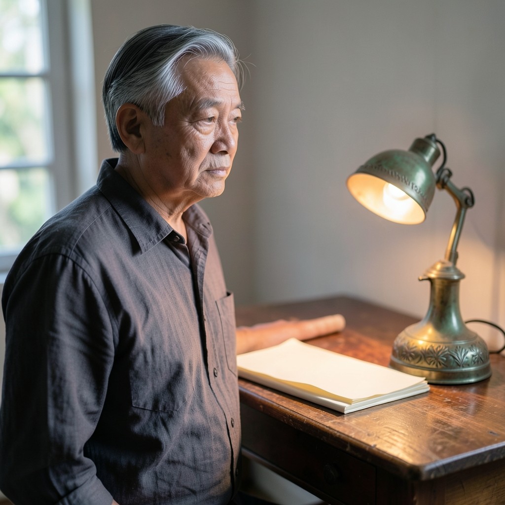 Portrait of Arun Srisuk, a man in his fifties, standing beside a drawing table