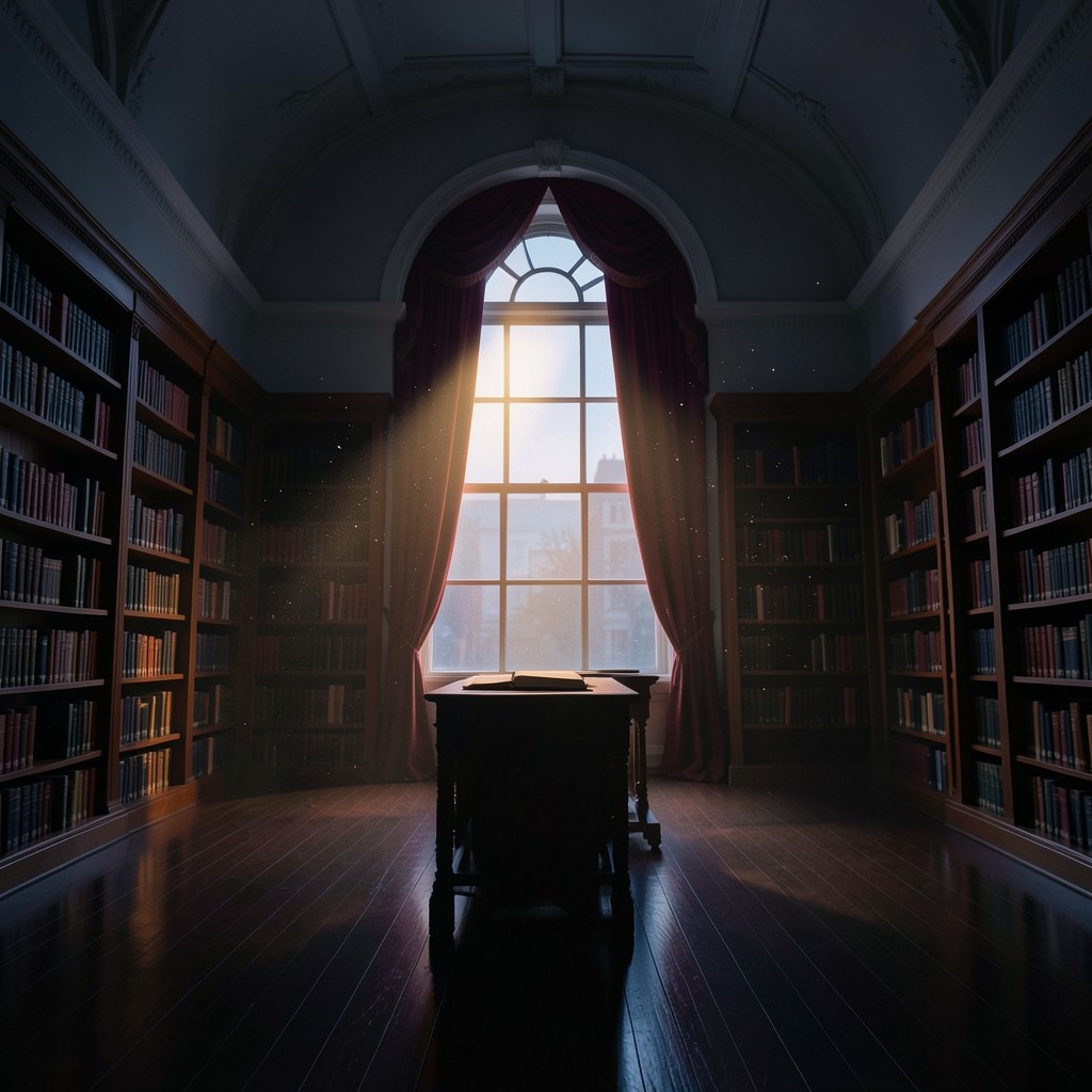 An empty library reading room at dusk, with velvet curtains and a copper beam of light