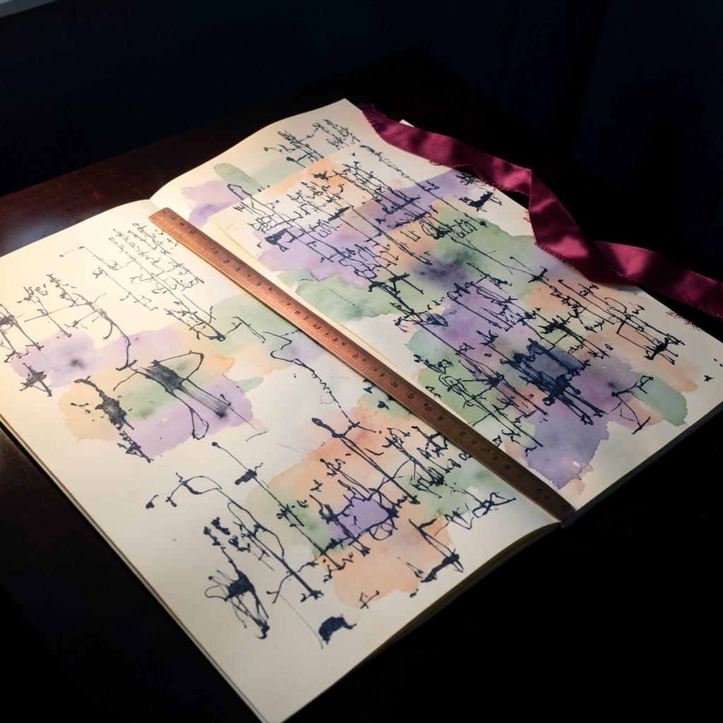 Large cream folios of abstract ink charts spread on a dark wood table under a copper lamp