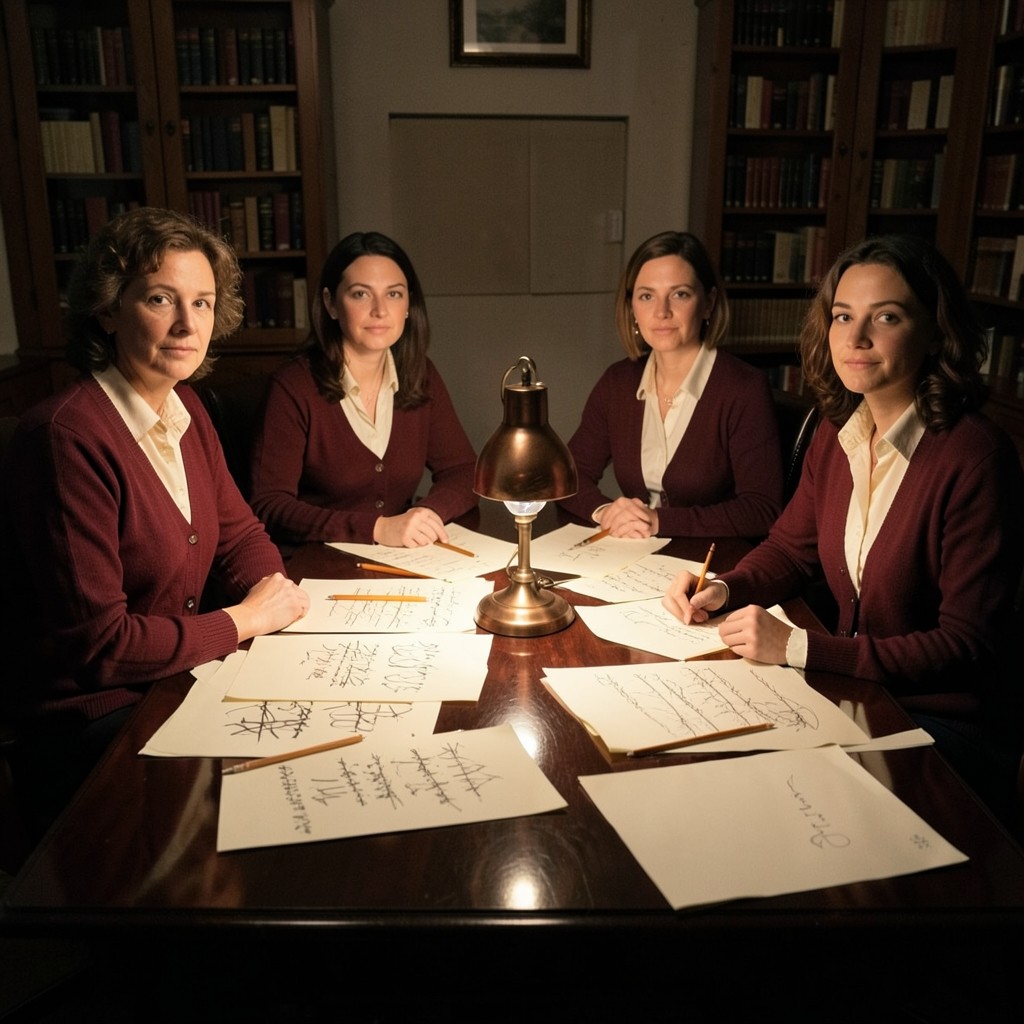Four adult librarians seated at a dark wood table with printed sheets and pencils