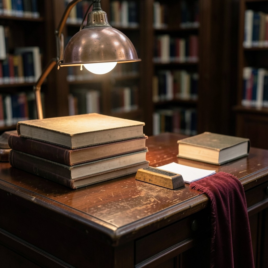 A library circulation desk at closing, with returned books, a wooden stamp, and a velvet rope