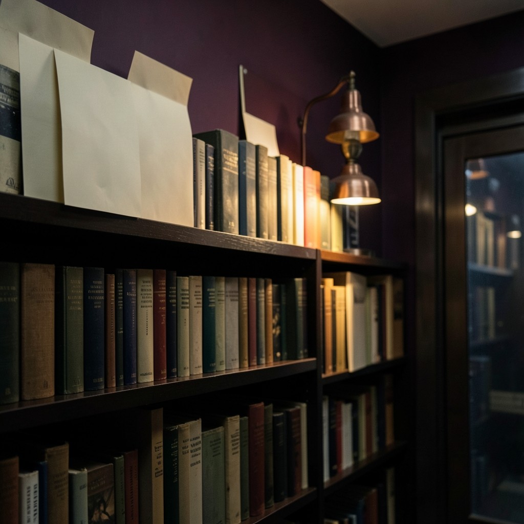 Reserved books standing on a dim shelf behind smoked glass, with blank cream slips