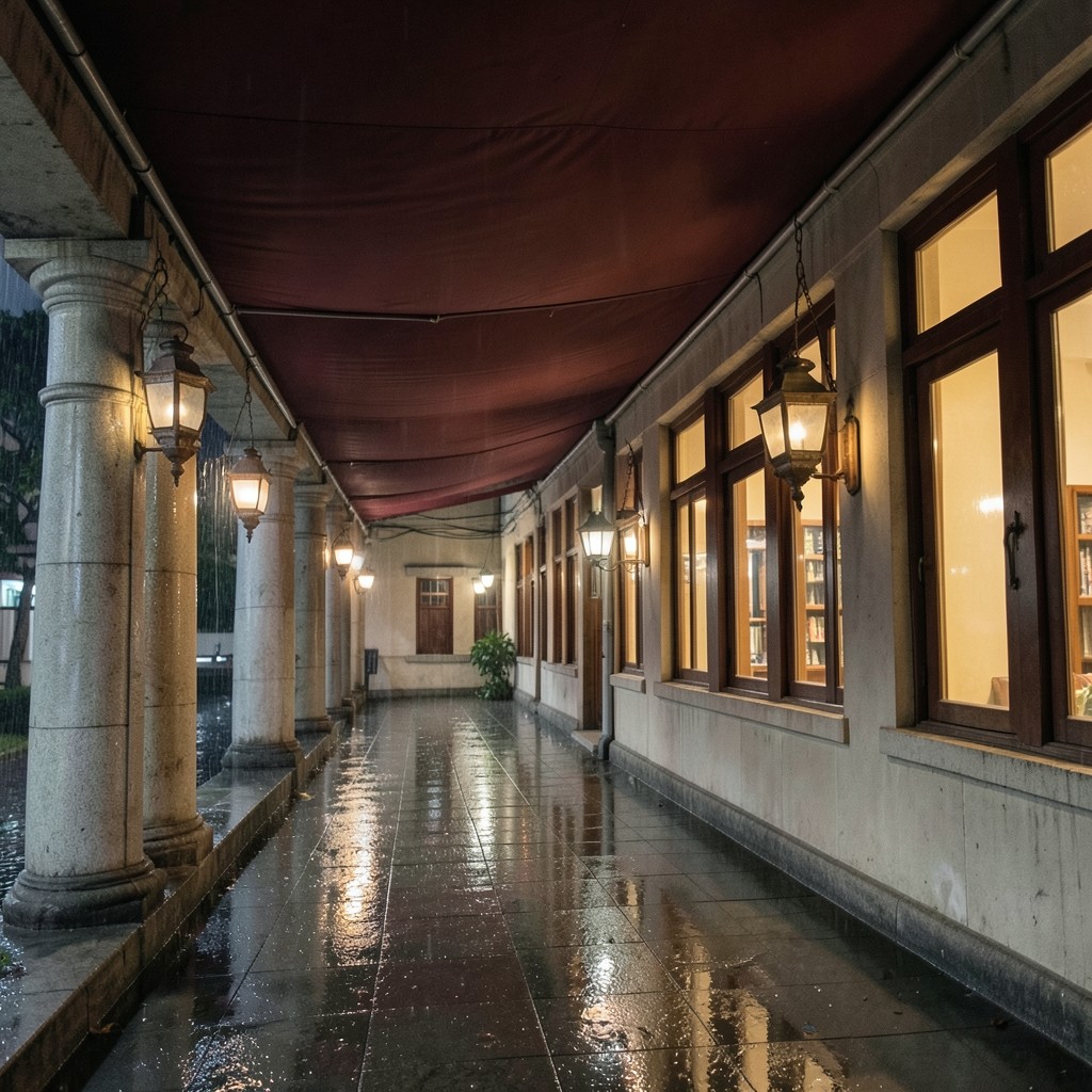 A university library colonnade at night, with warm windows and copper lanterns